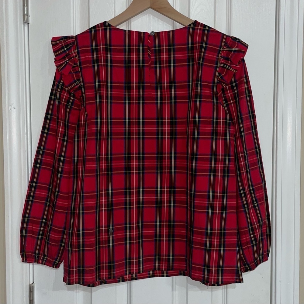 J Crew Tartan Christmas Plaid Ruffle Trim Woven Top Size Small - Picture 3 of 7